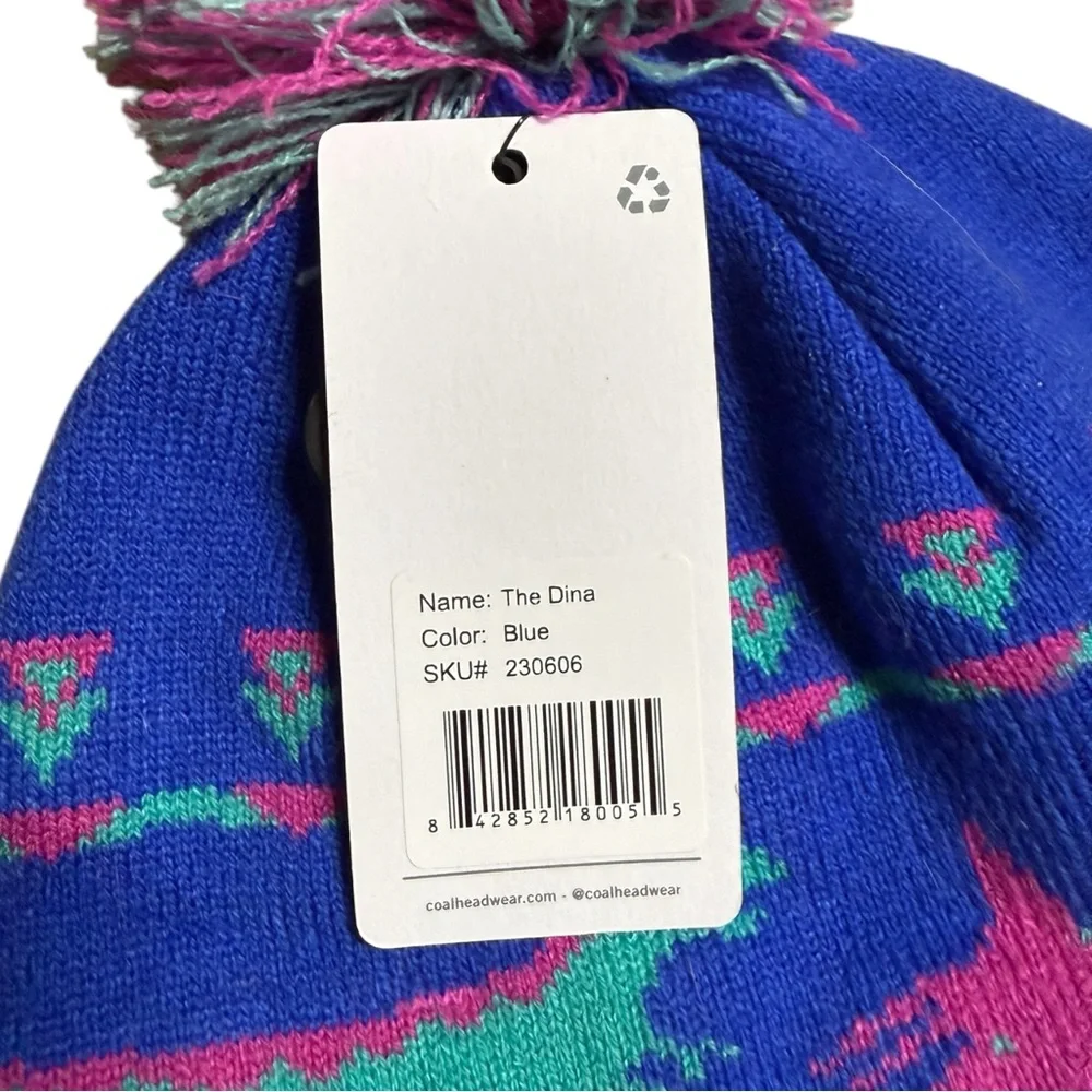 Coal Headwear Dina Beanie Hat Unisex Kids M Blue Dinosaur Graphic Pom
